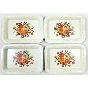 Vintage Set of 4 Metal Floral Tray Cottage Core Farmhouse Shabby Chic Roses 1950